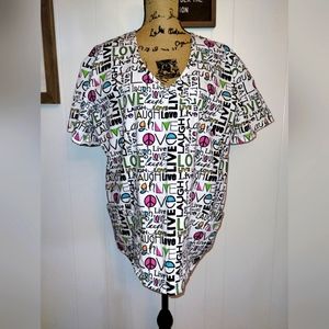 Womens Plus Size Graphic Peace, Laugh, Love Colorful Scrub Top, MedWear, 2XL